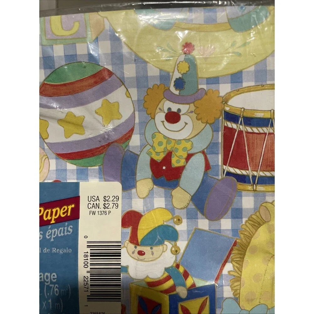 Vtg Baby Gift Wrap Paper Bears, Toys & Clowns Sealed Pkg 1 Sheet